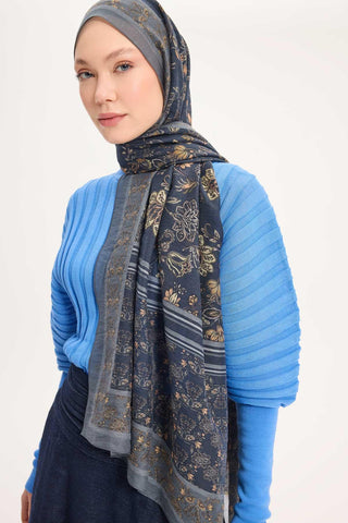 Tencel Monare Şal Gri Çiçek Desen 75x195 - Monare Şal - | Silk Home