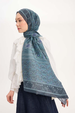 Tencel Monare Şal Petrol Mavisi Çiçek Desen 75x195 - Monare Şal - | Silk Home