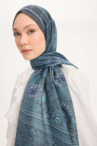 Tencel Monare Şal Petrol Mavisi Çiçek Desen 75x195 - Monare Şal - | Silk Home