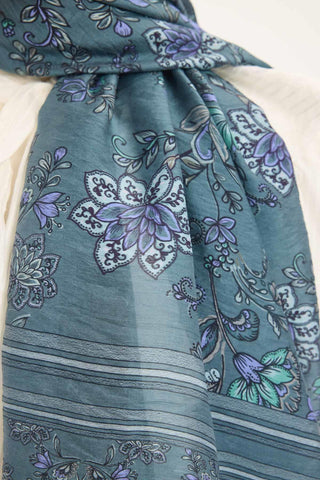 Tencel Monare Şal Petrol Mavisi Çiçek Desen 75x195 - Monare Şal - | Silk Home