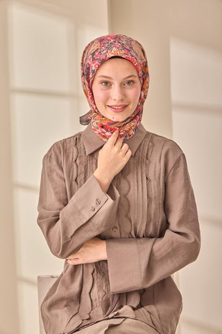 Silk Blend Olinda Scarf, Black, Tan, Red, Pink Patterned, Four Seasons, 90x90 cm