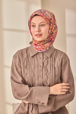 Silk Blend Olinda Scarf, Black, Tan, Red, Pink Patterned, Four Seasons, 90x90 cm