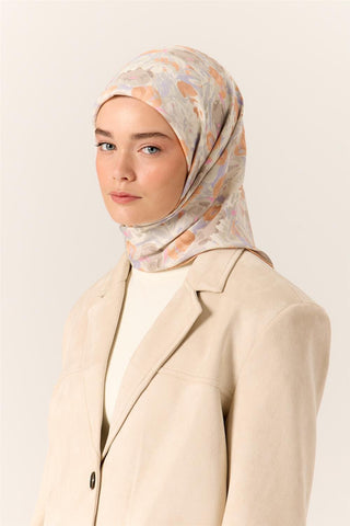 Organik Pamuk İpek Eşarp Yavruağzı-Lila Desenli Tok Duruşlu 90X90 - Organik Pamuk İpek Eşarp - | Silk Home