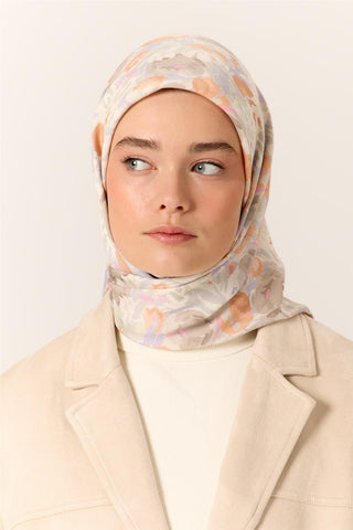 Organik Pamuk İpek Eşarp Yavruağzı-Lila Desenli Tok Duruşlu 90X90 - Organik Pamuk İpek Eşarp - | Silk Home