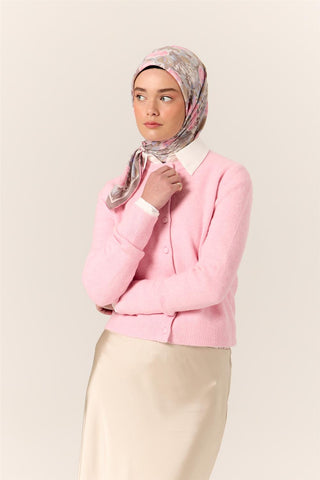 Organic Cotton Silk Scarf, Pink and Lilac Patterned, Firm Structure, 90x90 cm.