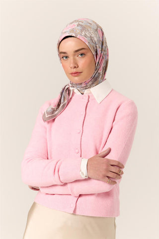 Organic Cotton Silk Scarf, Pink and Lilac Patterned, Firm Structure, 90x90 cm.