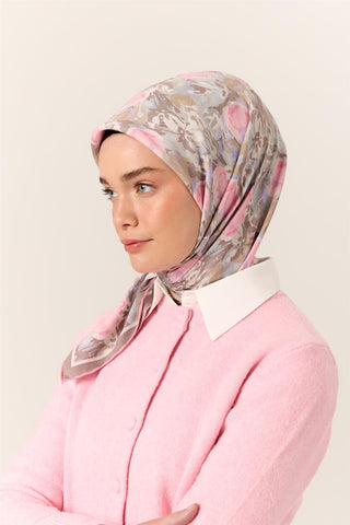 Organic Cotton Silk Scarf, Pink and Lilac Patterned, Firm Structure, 90x90 cm.