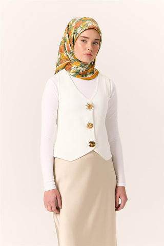 Organik Pamuk İpek Eşarp Turuncu Sarı Yeşil Çiçek Desenli Tok Duruşlu 90X90 - Organik Pamuk İpek Eşarp - | Silk Home