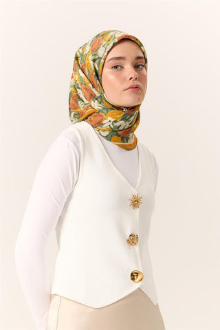 Organik Pamuk İpek Eşarp Turuncu Sarı Yeşil Çiçek Desenli Tok Duruşlu 90X90 - Organik Pamuk İpek Eşarp - | Silk Home