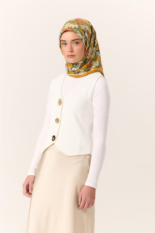 Organik Pamuk İpek Eşarp Turuncu Sarı Yeşil Çiçek Desenli Tok Duruşlu 90X90 - Organik Pamuk İpek Eşarp - | Silk Home