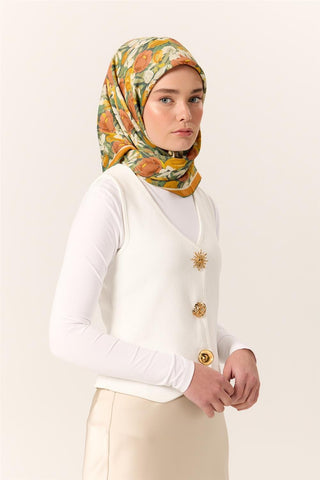 Organik Pamuk İpek Eşarp Turuncu Sarı Yeşil Çiçek Desenli Tok Duruşlu 90X90 - Organik Pamuk İpek Eşarp - | Silk Home