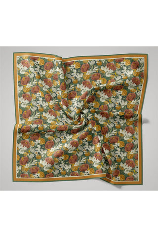 Organik Pamuk İpek Eşarp Turuncu Sarı Yeşil Çiçek Desenli Tok Duruşlu 90X90 - Organik Pamuk İpek Eşarp - | Silk Home