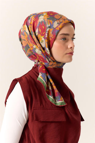 Organic Cotton Silk Scarf, Yellow Strawberry Red Floral Pattern, Firm Structure, 90x90 cm.