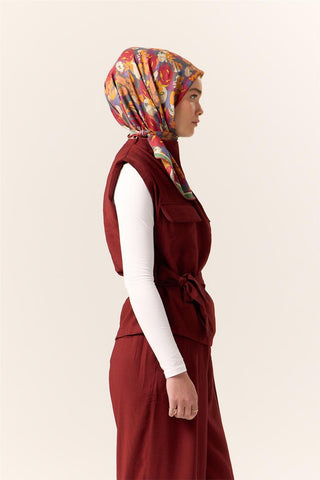 Organic Cotton Silk Scarf, Yellow Strawberry Red Floral Pattern, Firm Structure, 90x90 cm.