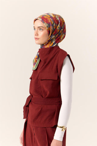 Organic Cotton Silk Scarf, Yellow Strawberry Red Floral Pattern, Firm Structure, 90x90 cm.