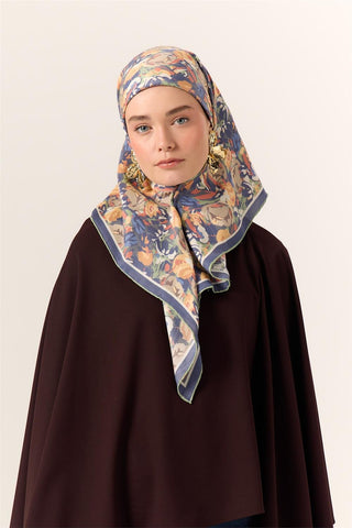 Organic Cotton Silk Scarf, Peach, Grey, Green, Floral Pattern, Firm Structure, 90x90 cm.
