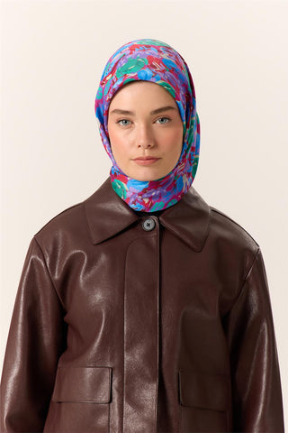 Organik Pamuk İpek Eşarp Fuşya Patina Mavi Çiçek Desenli Tok Duruşlu 90X90