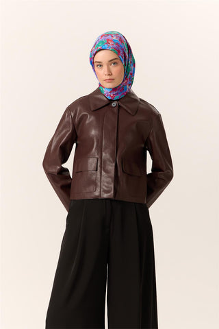 Organik Pamuk İpek Eşarp Fuşya Patina Mavi Çiçek Desenli Tok Duruşlu 90X90