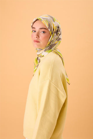 Organic Cotton Silk Scarf with Yellow-Pistachio Green-Smoke-Gray-White Pattern, Non-Slip, Secure Fit
 90x90 stance