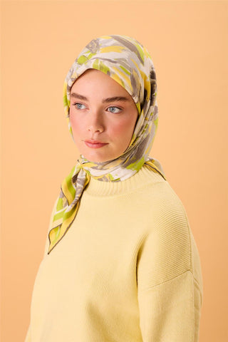 Organic Cotton Silk Scarf with Yellow-Pistachio Green-Smoke-Gray-White Pattern, Non-Slip, Secure Fit
 90x90 stance