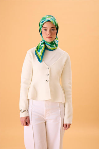 Organik Pamuk İpek Eşarp Fıstık Yeşili-Turkuaz-Mavi-Lacivert-Mint Desenli
                Kaymaz Tok Duruşlu 90X90