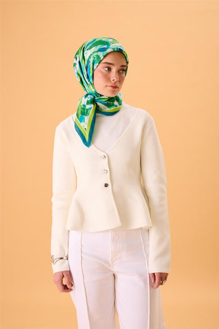 Organik Pamuk İpek Eşarp Fıstık Yeşili-Turkuaz-Mavi-Lacivert-Mint Desenli
                Kaymaz Tok Duruşlu 90X90