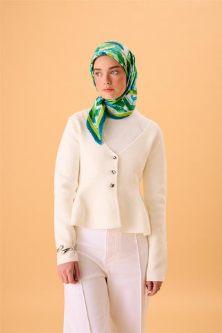 Organik Pamuk İpek Eşarp Fıstık Yeşili-Turkuaz-Mavi-Lacivert-Mint Desenli
                Kaymaz Tok Duruşlu 90X90