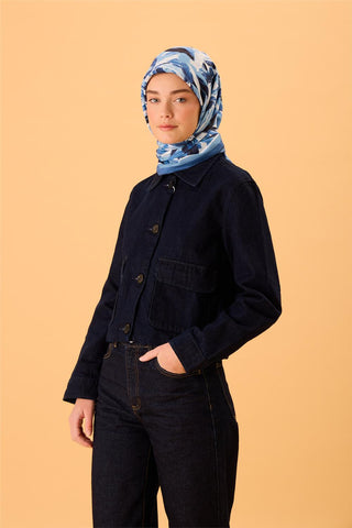 Organik Pamuk İpek Eşarp İndigo-Siyah-Beyaz-Gece Mavisi-Bebe Mavi Desenli
                Kaymaz Tok Duruşlu 90X90