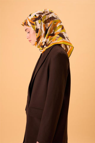 Organic Cotton Silk Scarf, Acid Green-Orange-Dark Brown-Black-Gray Patterned, Non-Slip.
 Firm and Stable 90x90