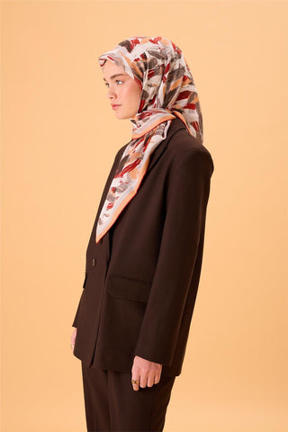 Organic Cotton Silk Scarf, Orange-Burgundy-Gray-Smoky Gray Pattern, Non-Slip, Firm Stitch
 90x90