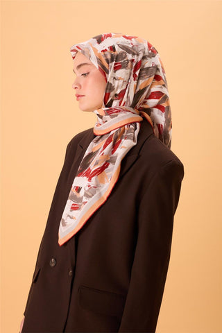 Organic Cotton Silk Scarf, Orange-Burgundy-Gray-Smoky Gray Pattern, Non-Slip, Firm Stitch
 90x90