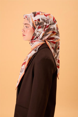 Organic Cotton Silk Scarf, Orange-Burgundy-Gray-Smoky Gray Pattern, Non-Slip, Firm Stitch
 90x90