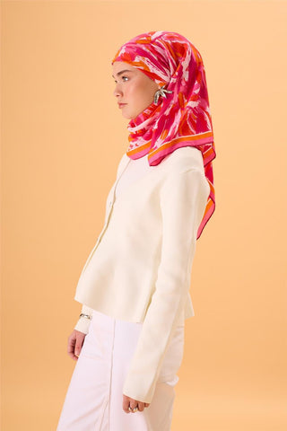 Organik Pamuk İpek Eşarp Pembe-Fuşya-Turuncu Desenli Kaymaz Tok Duruşlu 90X90