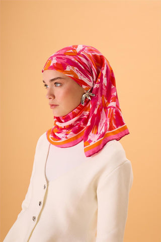 Organik Pamuk İpek Eşarp Pembe-Fuşya-Turuncu Desenli Kaymaz Tok Duruşlu 90X90
