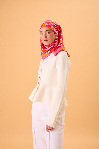 Organik Pamuk İpek Eşarp Pembe-Fuşya-Turuncu Desenli Kaymaz Tok Duruşlu 90X90