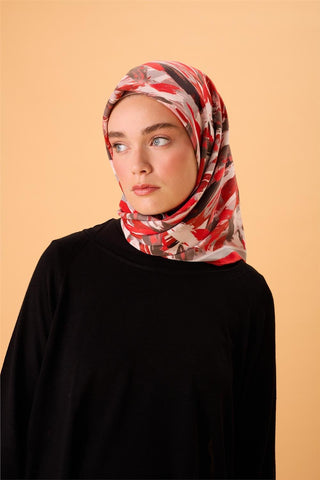 Organik Pamuk İpek Eşarp Kırmızı-Bordo Desenli Kaymaz Dokulu Akışkan Duruşlu 90X90 - Organik Pamuk İpek Eşarp - | Silk Home