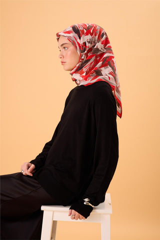 Organik Pamuk İpek Eşarp Kırmızı-Bordo Desenli Kaymaz Dokulu Akışkan Duruşlu
                90X90