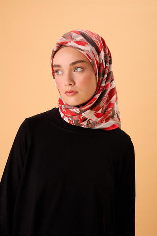 Organik Pamuk İpek Eşarp Kırmızı-Bordo Desenli Kaymaz Dokulu Akışkan Duruşlu
                90X90