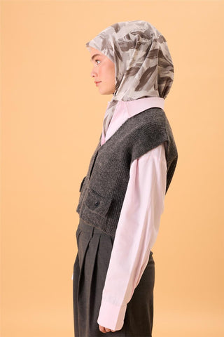 Organik Pamuk İpek Eşarp Gri-Füme Desenli Kaymaz Dokulu Akışkan Duruşlu 90X90