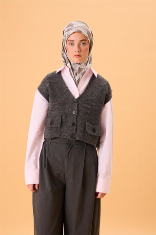 Organik Pamuk İpek Eşarp Gri-Füme Desenli Kaymaz Dokulu Akışkan Duruşlu 90X90