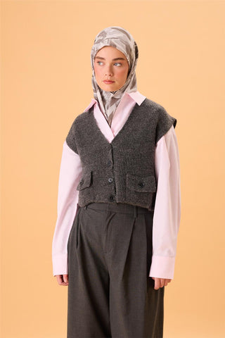 Organik Pamuk İpek Eşarp Gri-Füme Desenli Kaymaz Dokulu Akışkan Duruşlu 90X90