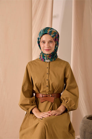 Soft Pamuk Eşarp Patina Yeşili-Gri-Mor-Hardal Desenli Kaymaz Tok Duruşlu 90X90