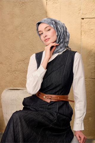 İnce Pamuk Soft Eşarp Siyah-Füme-Gri Desenli Kaymaz Dokulu Nefes Alan 90X90 - Soft Eşarp - | Silk Home