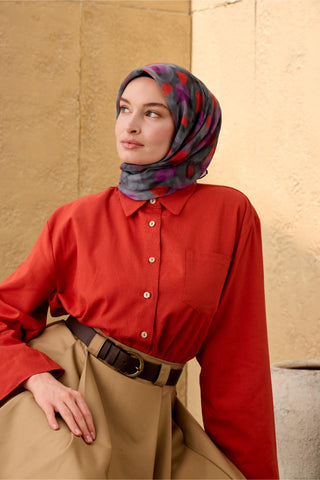 İnce Pamuk Soft Eşarp Siyah-Füme-Gri-Erguvan Desenli Kaymaz Dokulu Nefes Alan 90X90 - Soft Eşarp - | Silk Home