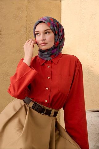 İnce Pamuk Soft Eşarp Siyah-Füme-Gri-Erguvan Desenli Kaymaz Dokulu Nefes Alan 90X90 - Soft Eşarp - | Silk Home