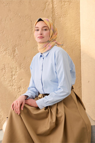 Thin Cotton Soft Scarf, Baby Blue-Yellow-Pink Patterned, Non-Slip Texture, Firm Stitch
 90x90