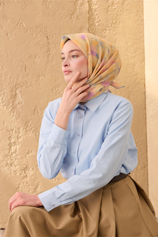 Thin Cotton Soft Scarf, Baby Blue-Yellow-Pink Patterned, Non-Slip Texture, Firm Stitch
 90x90