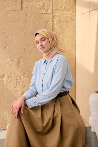 Thin Cotton Soft Scarf, Baby Blue-Yellow-Pink Patterned, Non-Slip Texture, Firm Stitch
 90x90