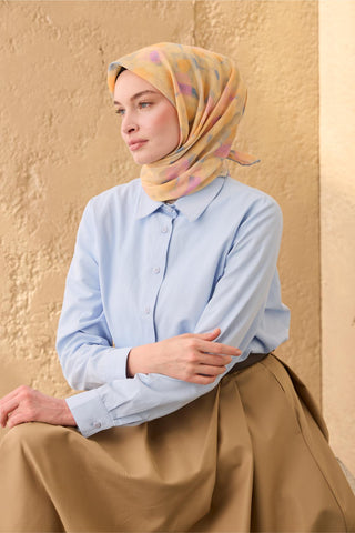 Thin Cotton Soft Scarf, Baby Blue-Yellow-Pink Patterned, Non-Slip Texture, Firm Stitch
 90x90