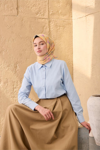 İnce Pamuk Soft Eşarp Bebe Mavi-Sarı-Pembe Desenli Kaymaz Dokulu Tok Duruşlu
                90X90